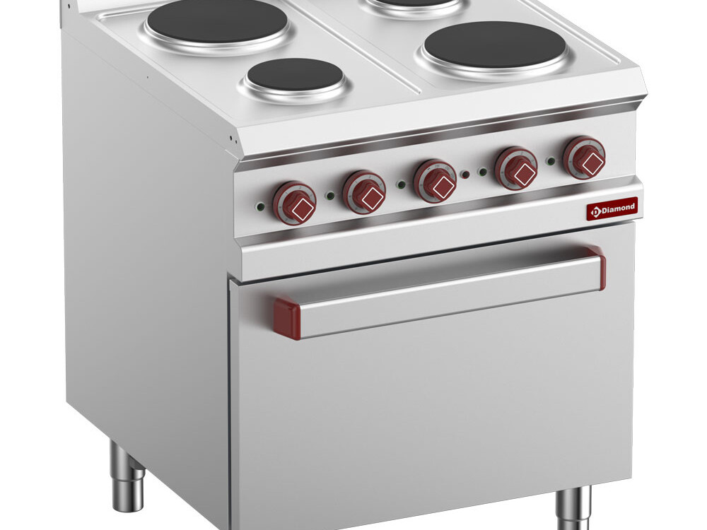 Fourneau 4 plaques rondes avec four électrique 2/1 et grill - restauration professionnel de qualité