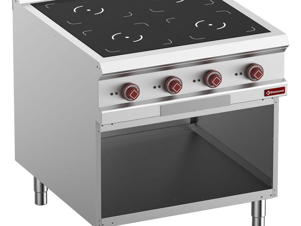Fourneau électrique 4 foyers à induction,  armoire ouverte - cuisine professionnel de qualité