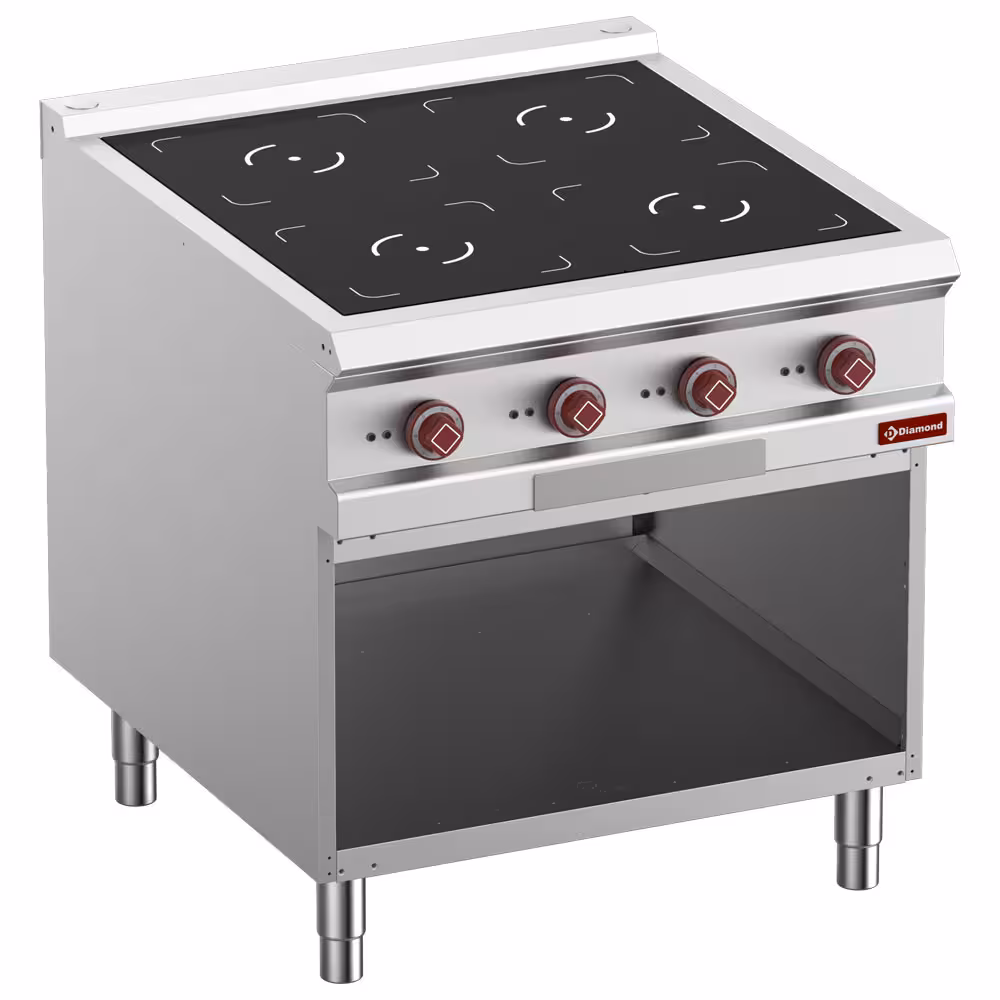 Fourneau électrique 4 foyers à induction,  armoire ouverte - cuisine professionnel de qualité