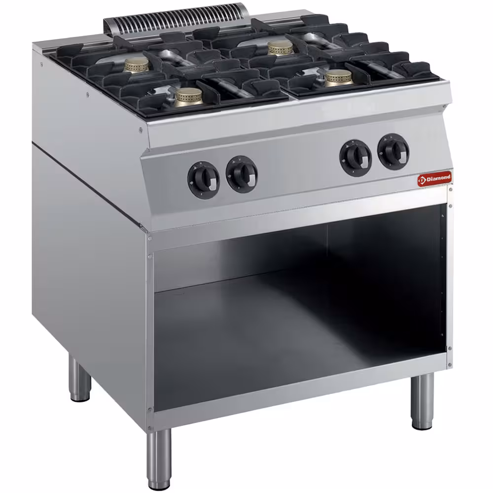 Fourneau composé: 4 feux vifs &,  soubassement ouvert - cuisine professionnel de qualité
