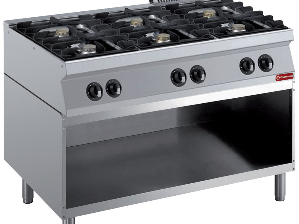 Fourneau composé: 6 feux vifs &, soubassement ouvert - restauration professionnel de qualité