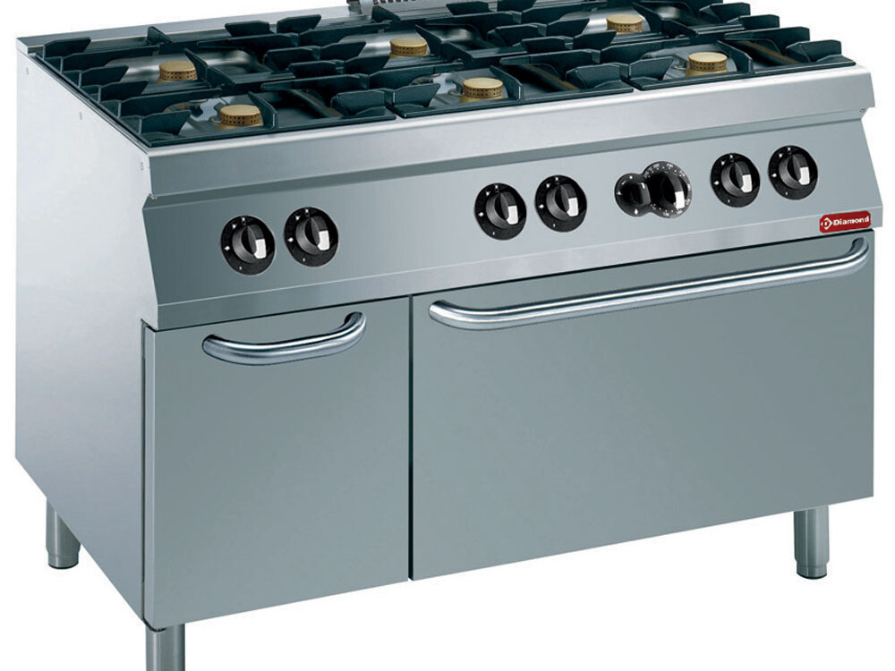 Fourneau 6 feux vifs,  four gaz 2/1,  armoire neutre - cuisine professionnel de qualité