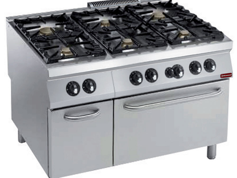 Fourneau 6 feux gaz (Power) + four gaz 2/1,  armoire neutre - cuisine professionnel de qualité