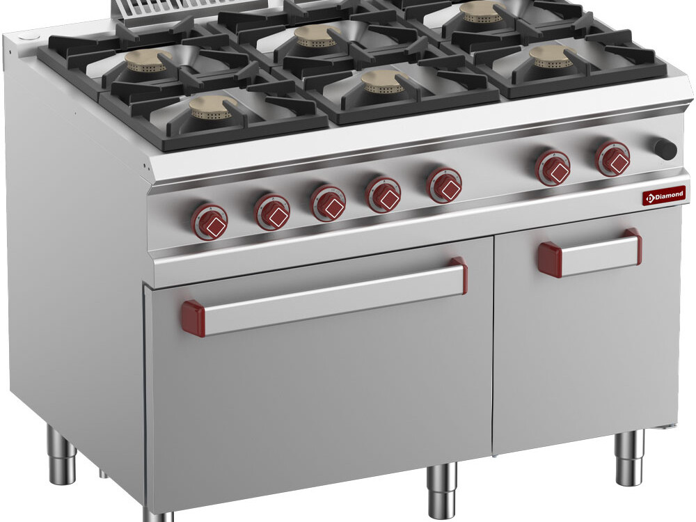 Fourneau 6 feux vifs, four gaz 2/1, armoire neutre - restauration professionnel de qualité