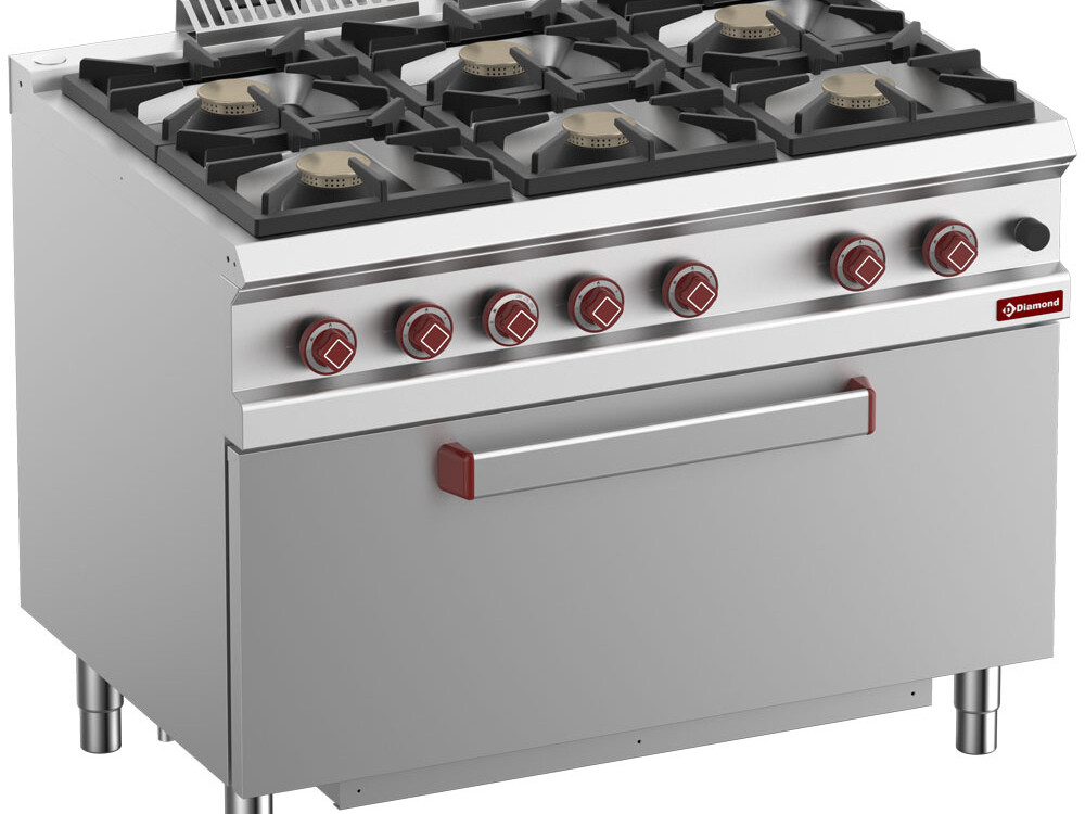 Fourneau 6 feux vifs,  four maxi gaz 1 grande porte - cuisine professionnel de qualité