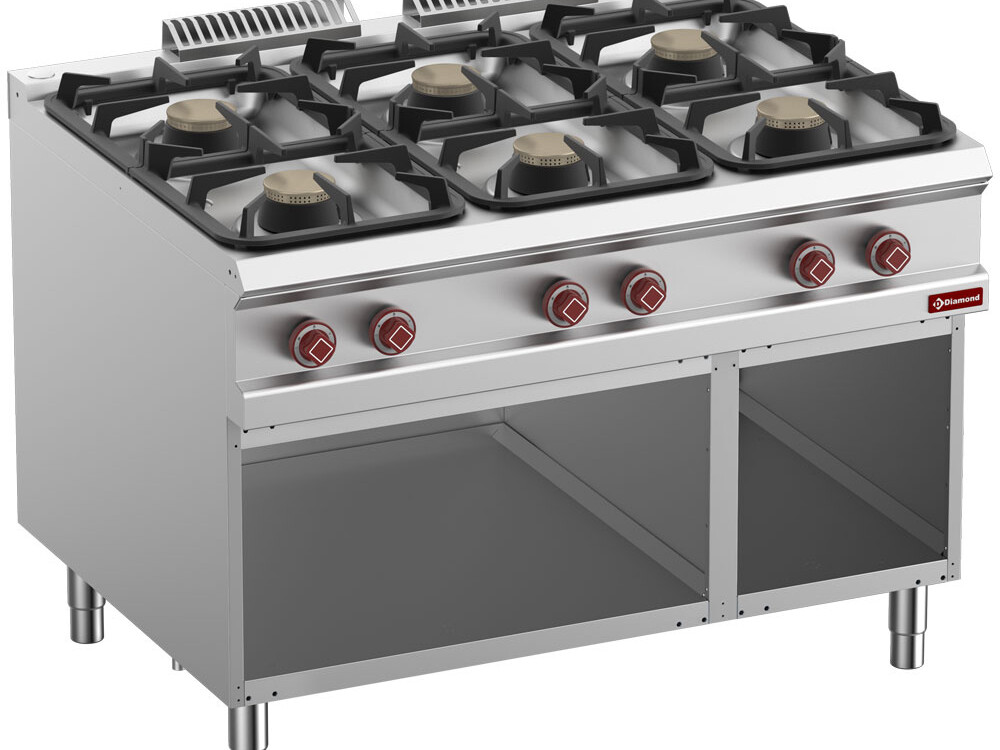 Fourneau 6 feux gaz,  armoire ouverte - cuisine professionnel de qualité