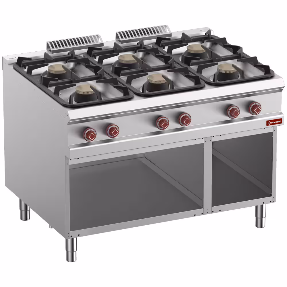Fourneau 6 feux gaz,  armoire ouverte - cuisine professionnel de qualité