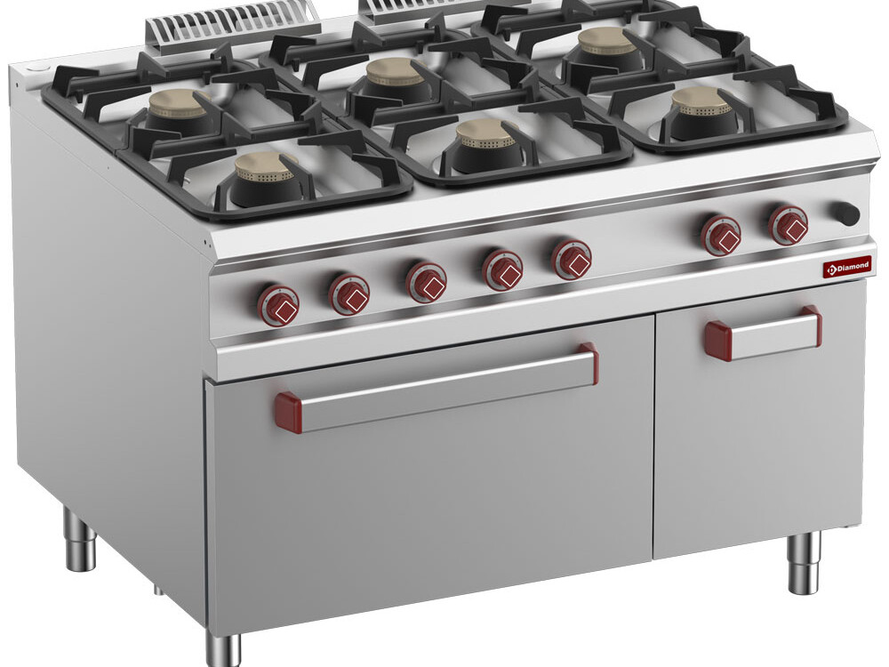 Fourneau 6 feux sur four gaz 2/1 et armoire neutre fermée - équipement professionnel de qualité