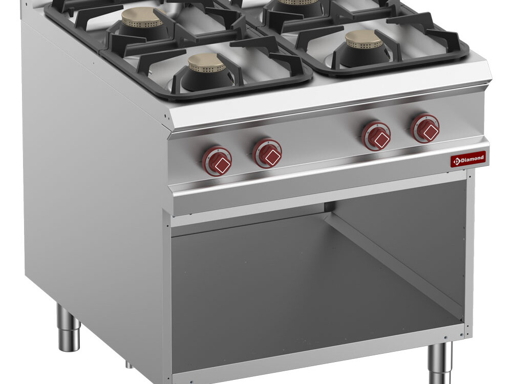 Fourneau 4 feux gaz, armoire ouverte - cuisine professionnel de qualité