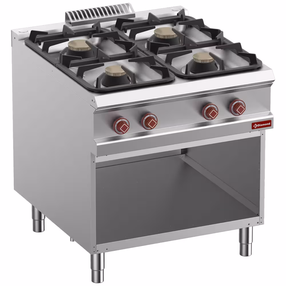 Fourneau 4 feux gaz,  armoire ouverte - cuisine professionnel de qualité