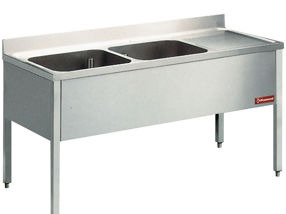 Plonge 2 cuves et 1 égouttoir à droite, avec piétement - restauration professionnel de qualité