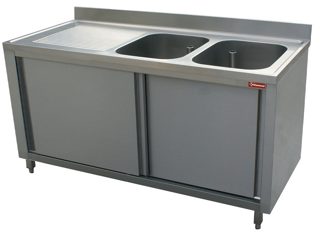 Plonge 2 cuves égouttoir gauche sur armoire 2 portes cou... - cuisine professionnel de qualité
