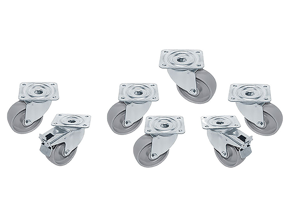 Kit 7 Roues inox pour tables, pivotantes, 2x avec freins - cuisine professionnel de qualité