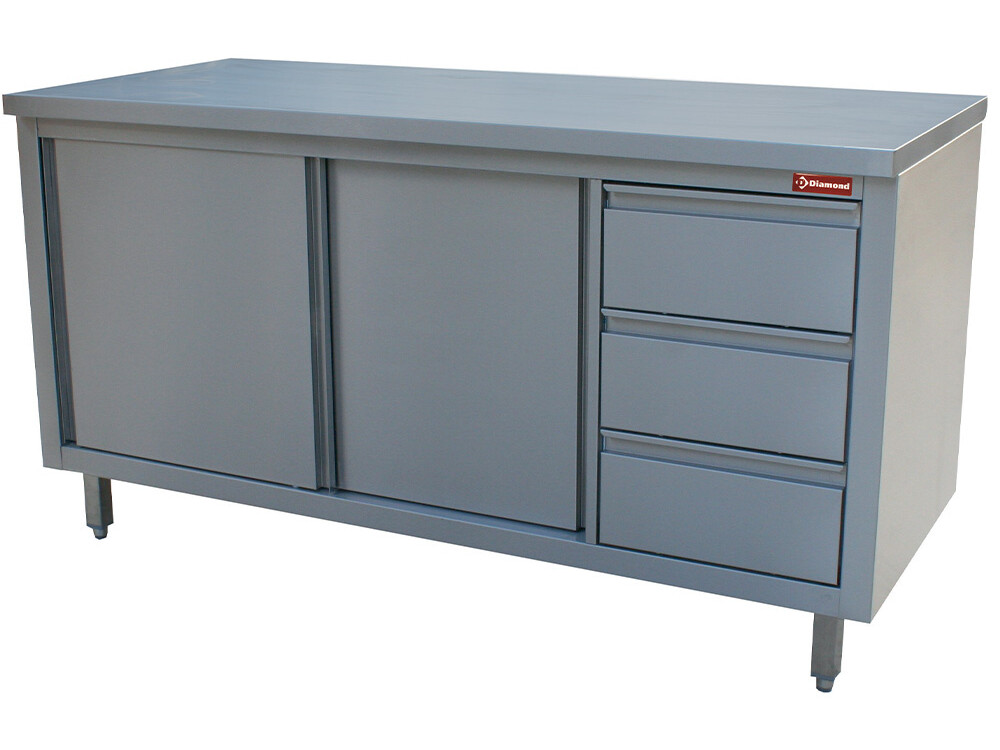 Table sur armoire neutre et 3 tiroirs à droite - cuisine professionnel de qualité