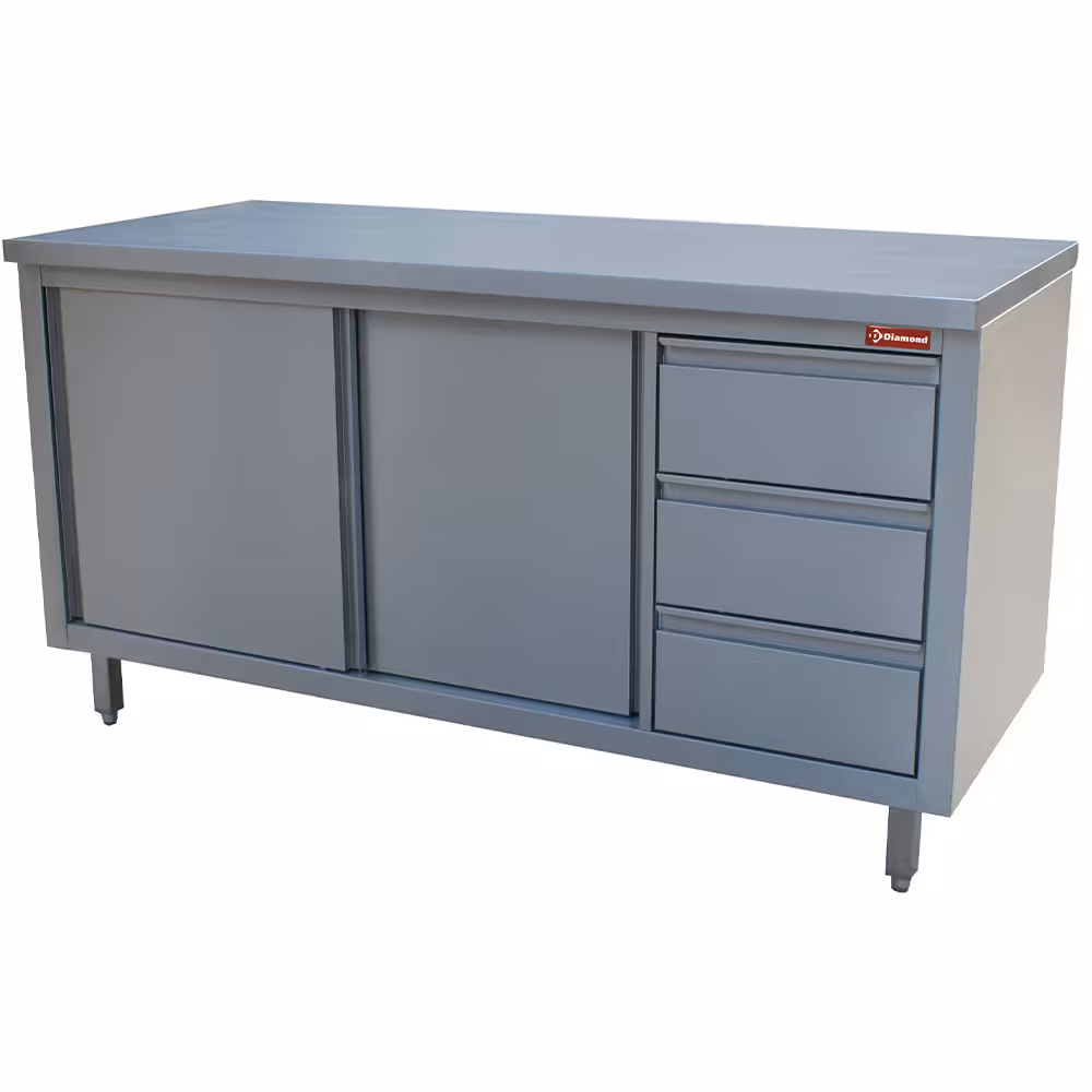 Table sur armoire neutre et 3 tiroirs à droite - cuisine professionnel de qualité