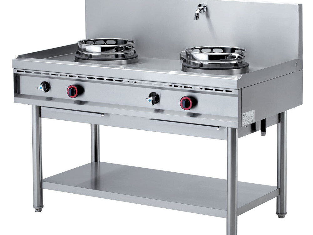 Fourneau wok gaz, 2 feux (2x 13 kW) - cuisine professionnel de qualité