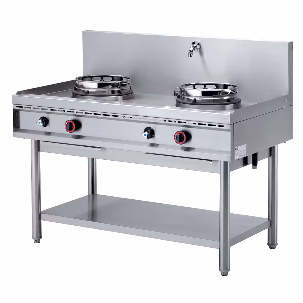 Fourneau wok gaz,  2 feux (2x 13 kW) - cuisine professionnel de qualité