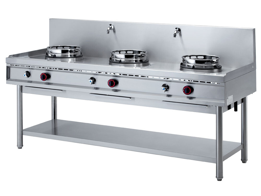 Fourneau wok gaz,  3 feux (3x 13 kW) - équipement professionnel de qualité