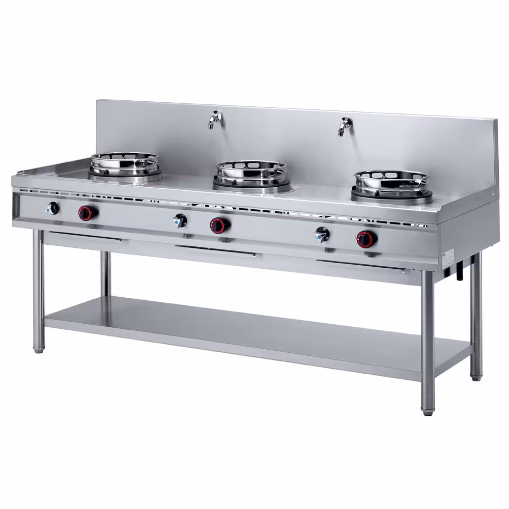 Fourneau wok gaz,  3 feux (3x 13 kW) - équipement professionnel de qualité
