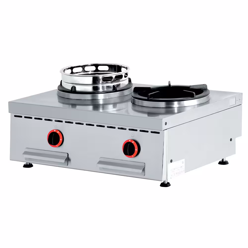 Feux wok gaz de table,  2 feux (2x 13 kW) - professionnel professionnel de qualité