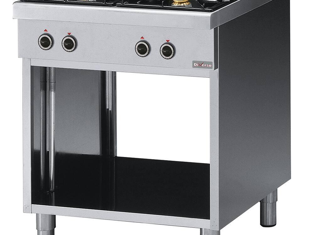 Fourneau 4 feux vifs,  sur armoire ouverte - équipement professionnel de qualité