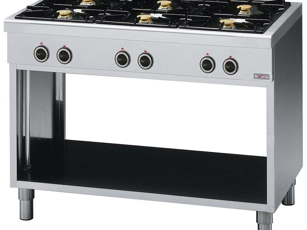 Fourneau avec 6 feux vifs, sur armoire ouverte - équipement professionnel de qualité