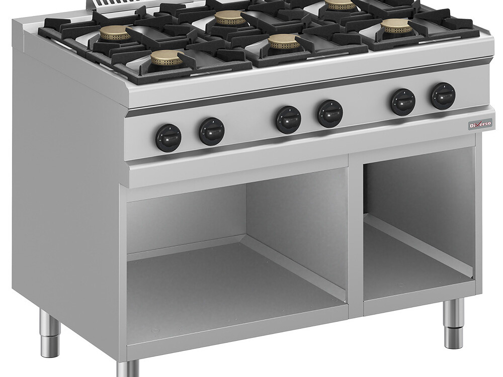 Fourneau gaz 6 feux vifs,  sur armoire ouverte - restauration professionnel de qualité