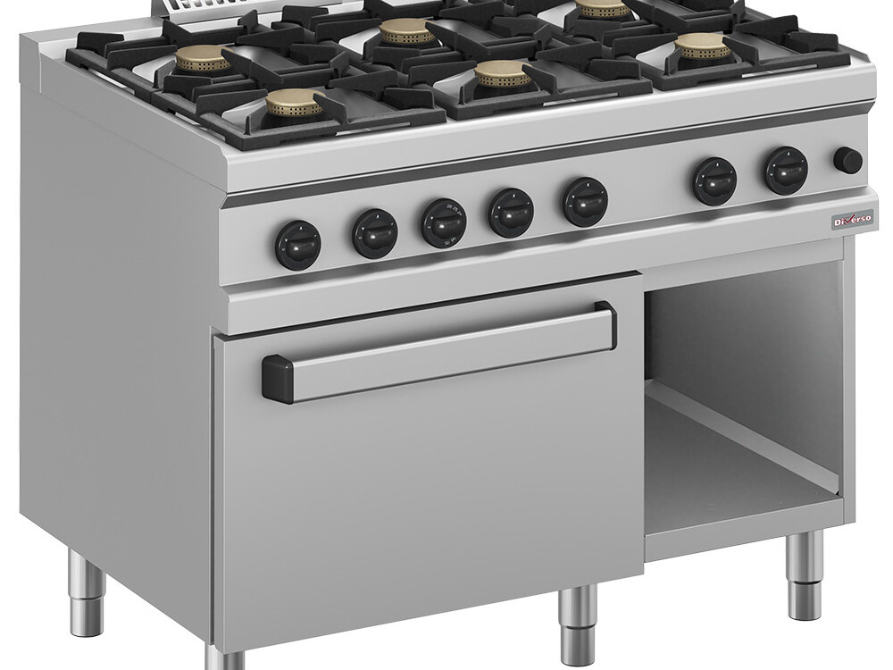 Fourneau gaz 6 feux vifs, sur four gaz 2/1 et armoire - équipement professionnel de qualité