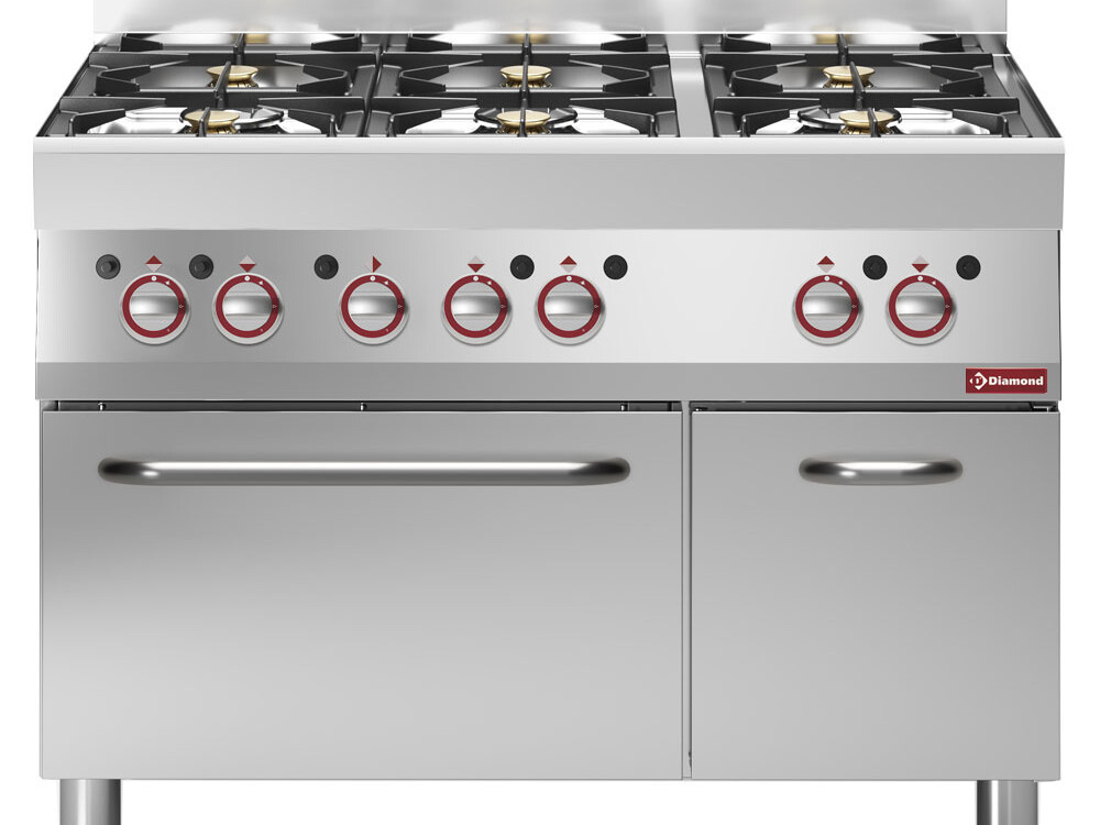 Fourneau 6 feux vifs, sur four gaz et armoire neutre - cuisine professionnel de qualité