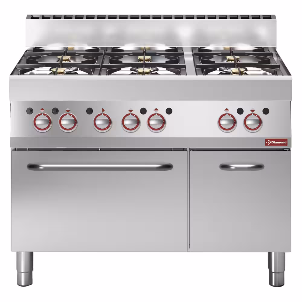Fourneau 6 feux vifs,  sur four gaz et armoire neutre - cuisine professionnel de qualité