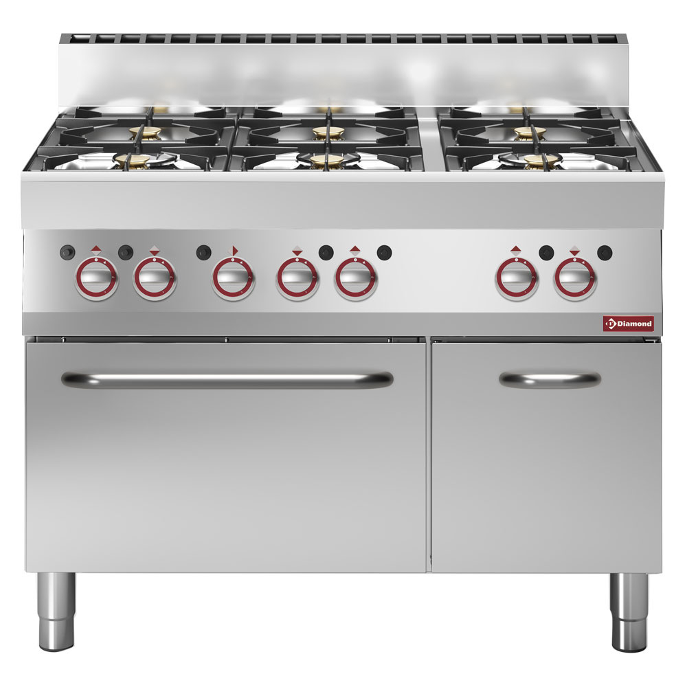 Fourneau 6 feux vifs,  sur four gaz et armoire neutre - cuisine professionnel de qualité