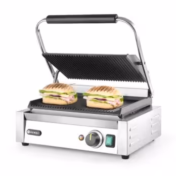 Grill de contact Panini,  ,  dessus et dessous rainurés - équipement professionnel, vue détaillée