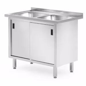 Table avec 2 éviers,  placard – soudée,  avec portes ... - équipement professionnel de qualité