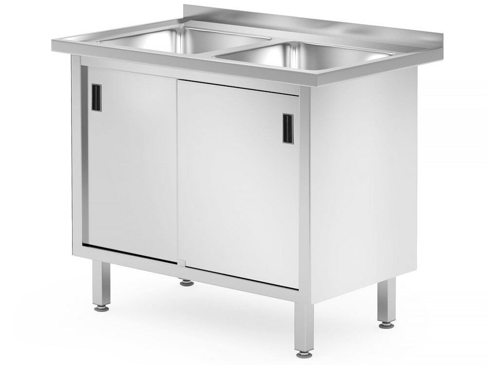 Table avec 2 éviers,  placard – soudée,  avec portes ... - équipement professionnel de qualité