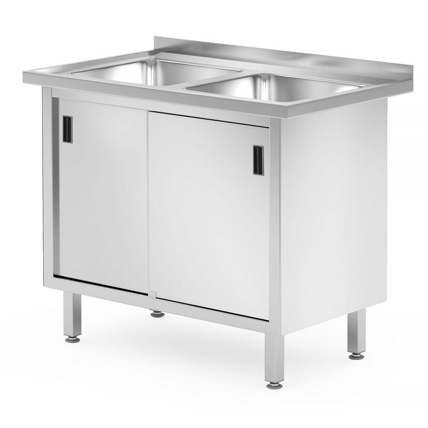 Table avec 2 éviers,  placard – soudée,  avec portes ... - équipement professionnel de qualité