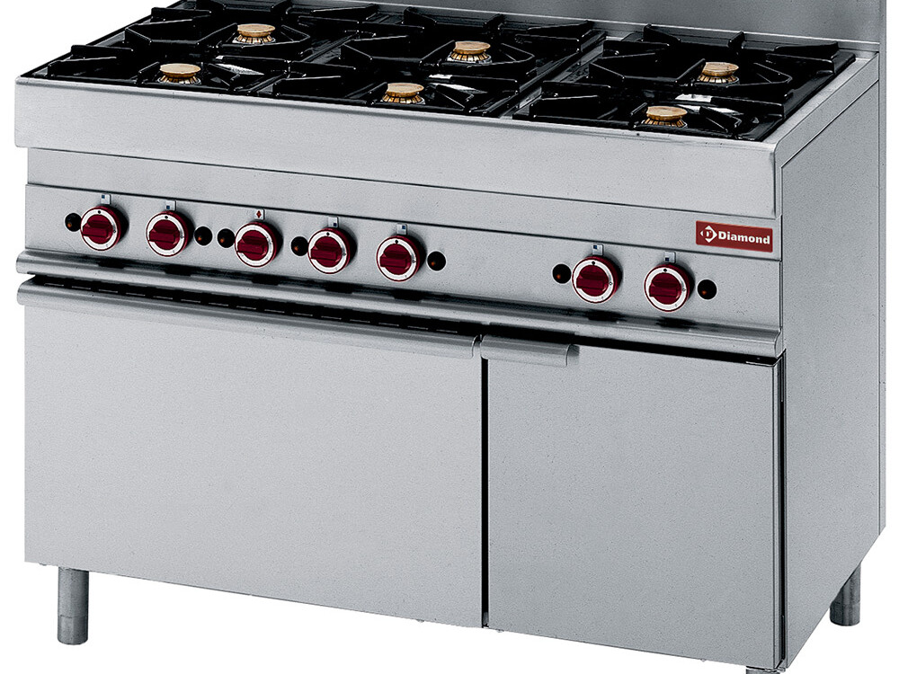 Fourneau 6 feux vifs,  sur four gaz et armoire neutre - professionnel professionnel de qualité