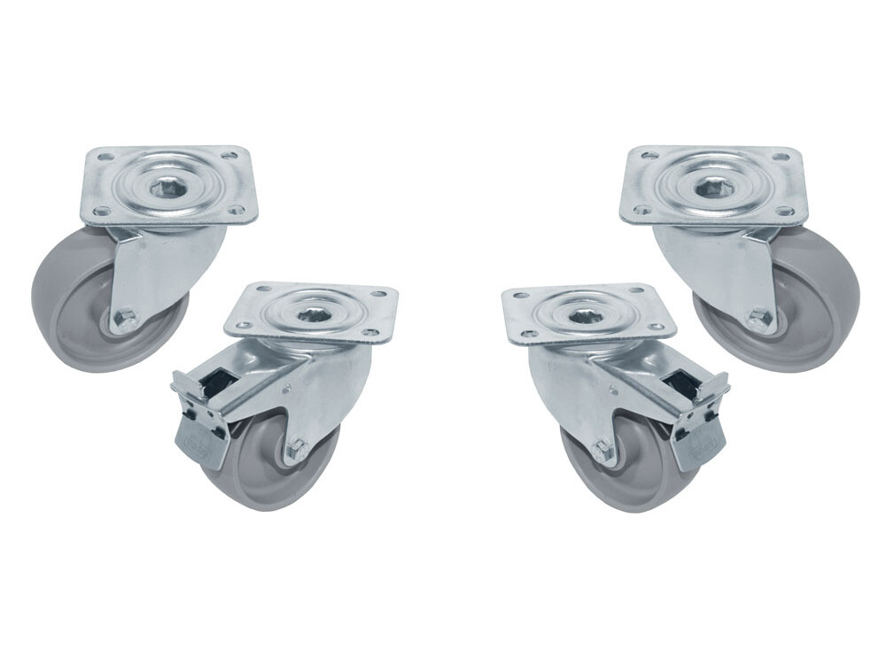 Kit 4 Roues inox pour tables, pivotantes, 2x avec freins - cuisine professionnel de qualité