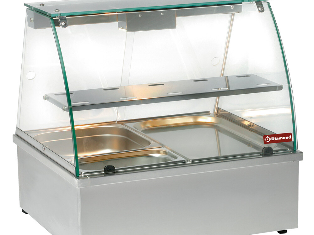 Vitrine chauffante,  bain-marie 2x 1/1,  panoramique - restauration professionnel de qualité