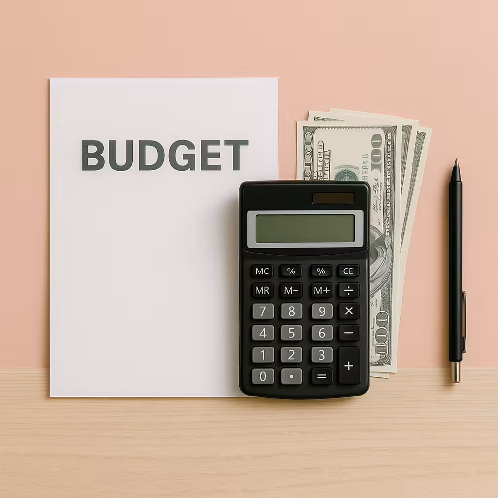 Calculatrice et documents financiers sur fond rose poudré