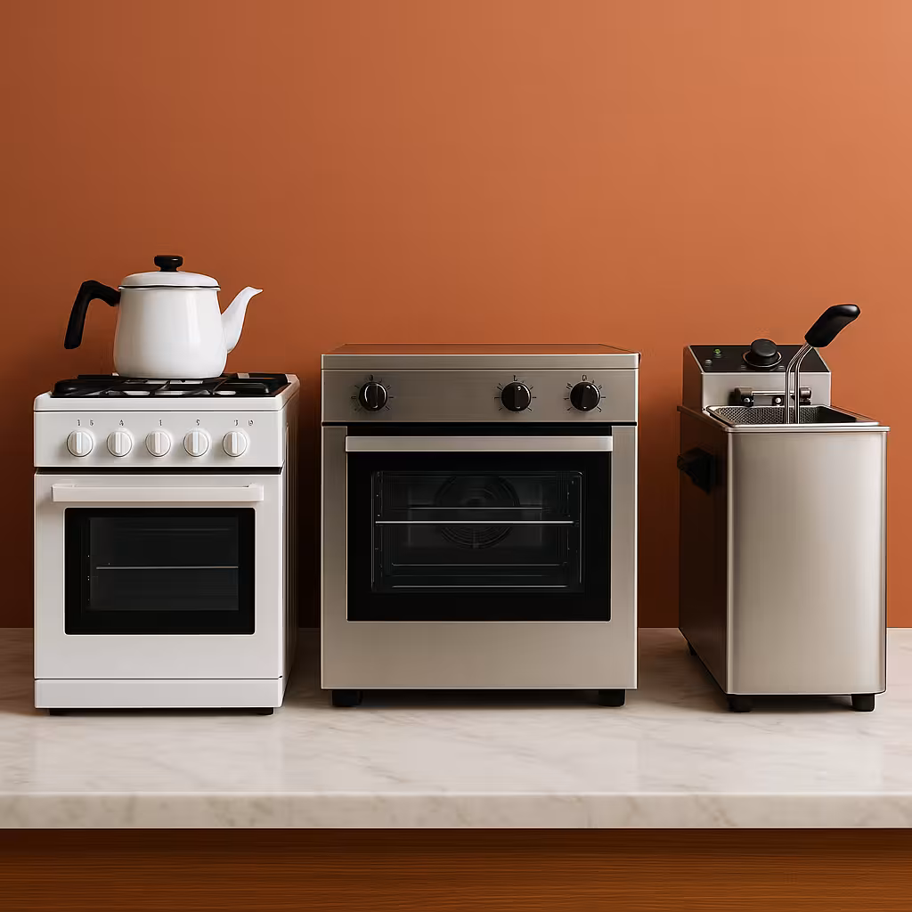 Cuisinière, four et friteuse en inox sur fond terracotta