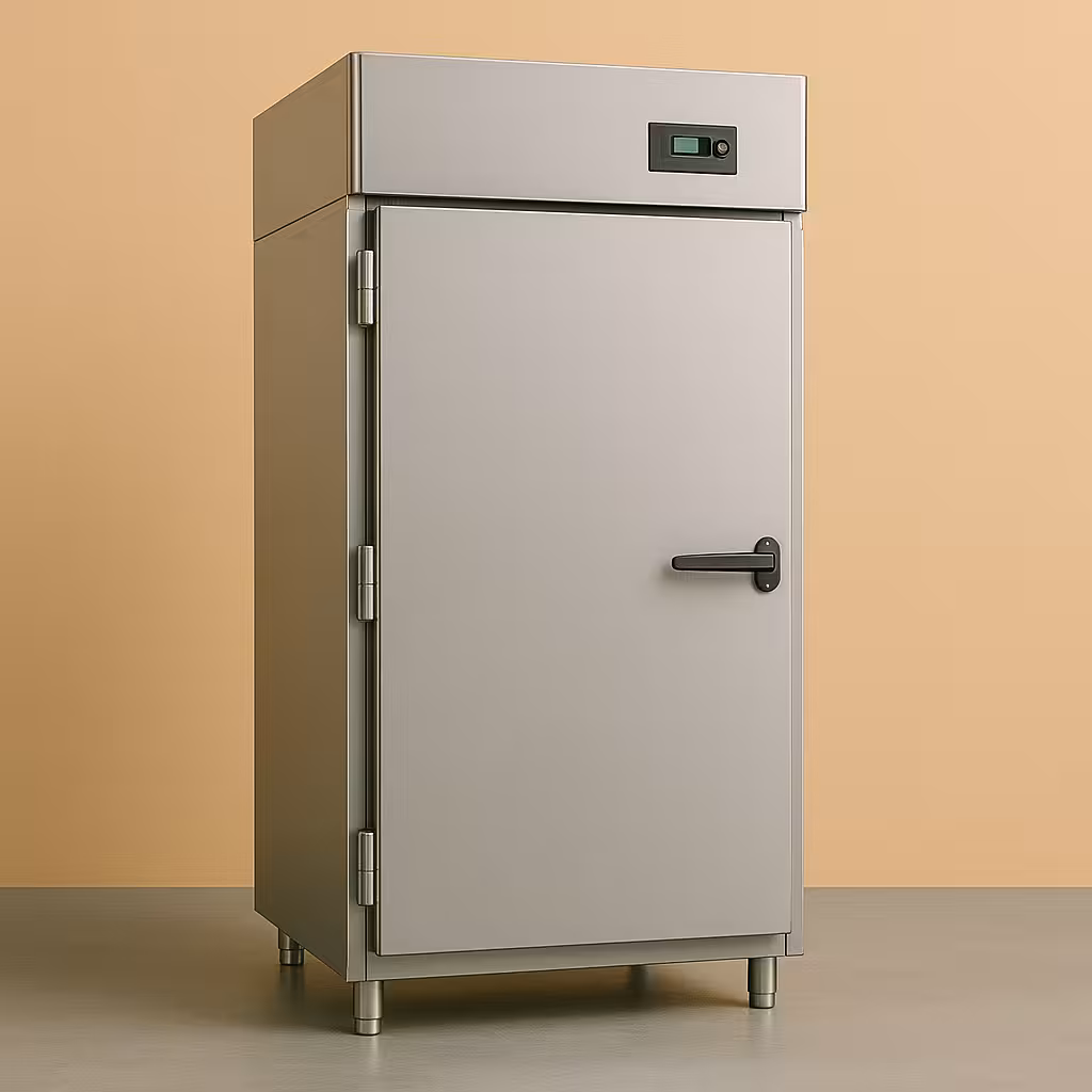 Armoire réfrigérée professionnelle en inox sur fond beige