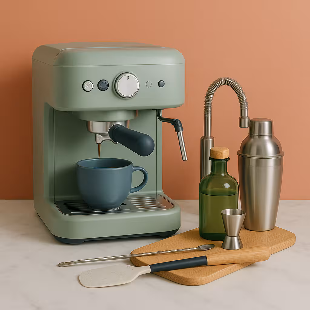 Machine à café pastel et accessoires de bar sur fond terracotta