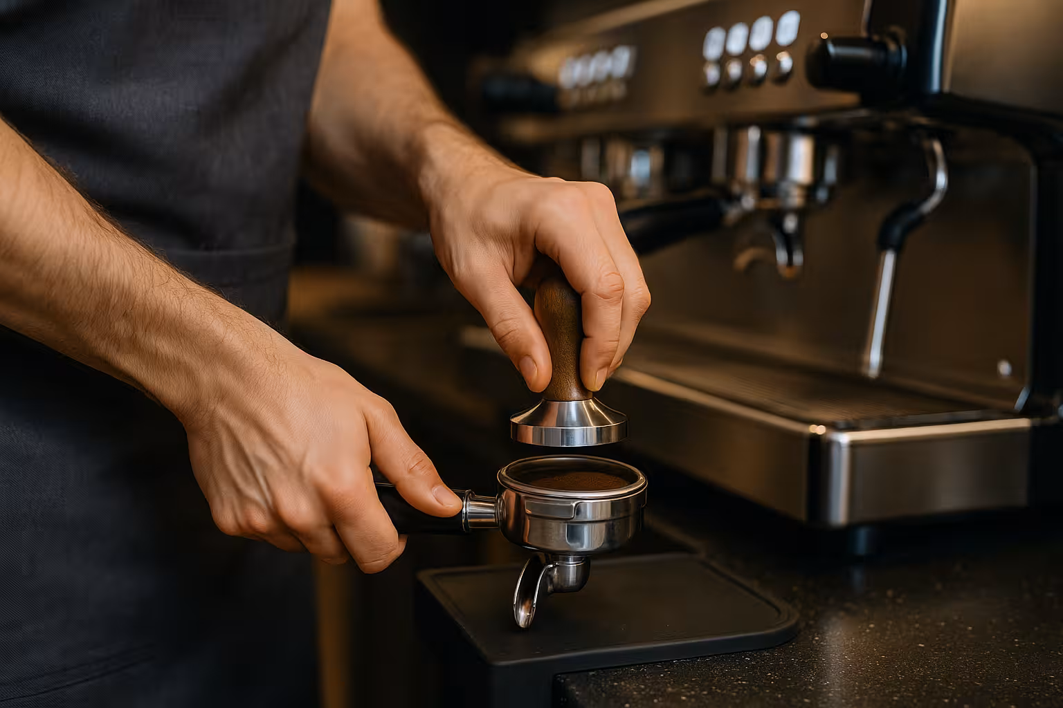 Barista professionnel préparant un expresso avec machine professionnelle