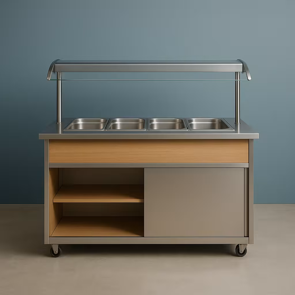 Buffet professionnel en inox et bois clair sur fond bleu gris