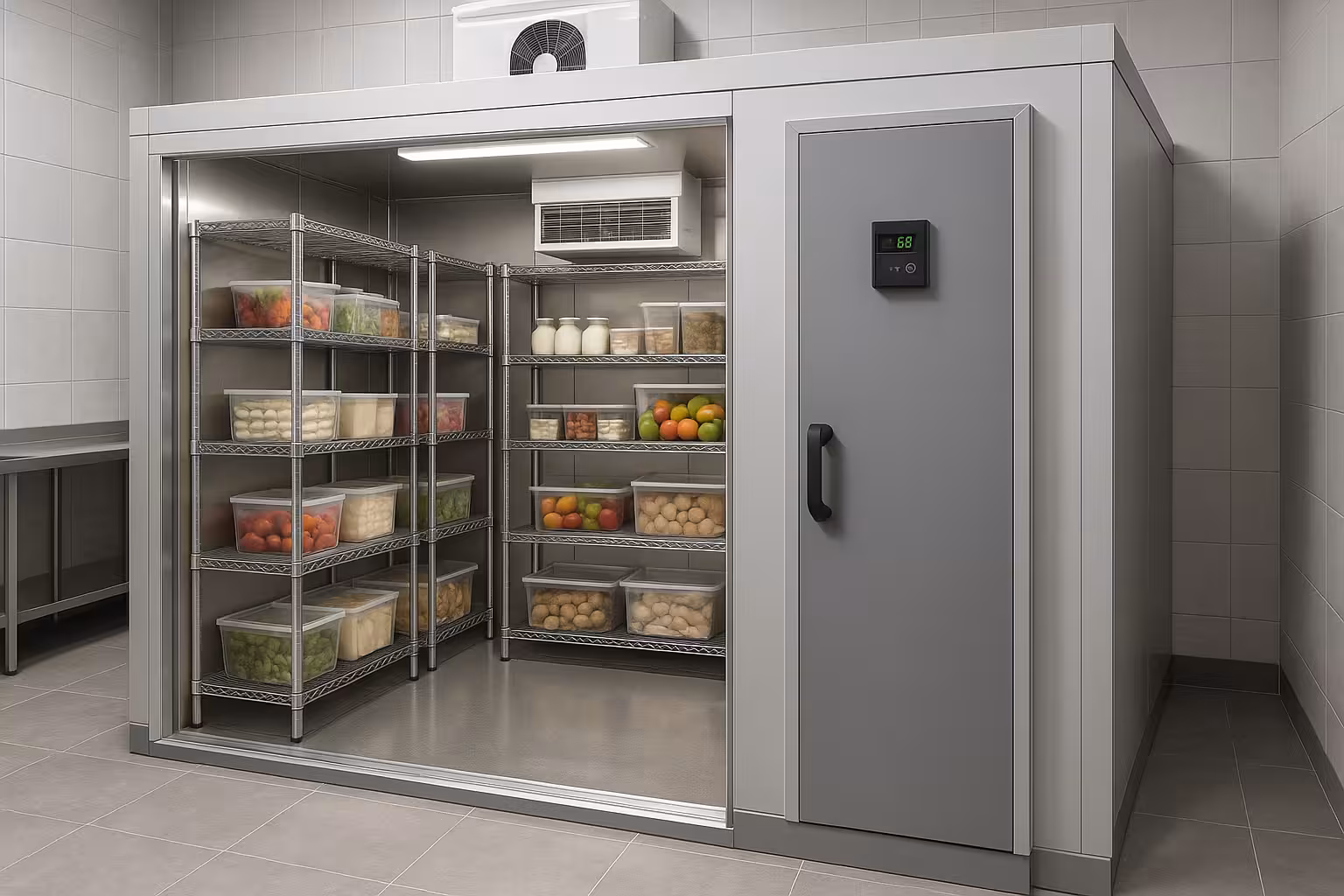 Chambre froide professionnelle moderne pour restaurant avec contrôle température digital