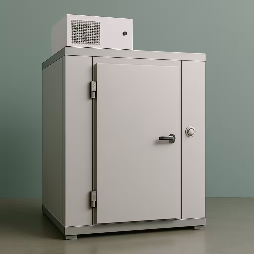 Chambre froide professionnelle en inox sur fond vert gris