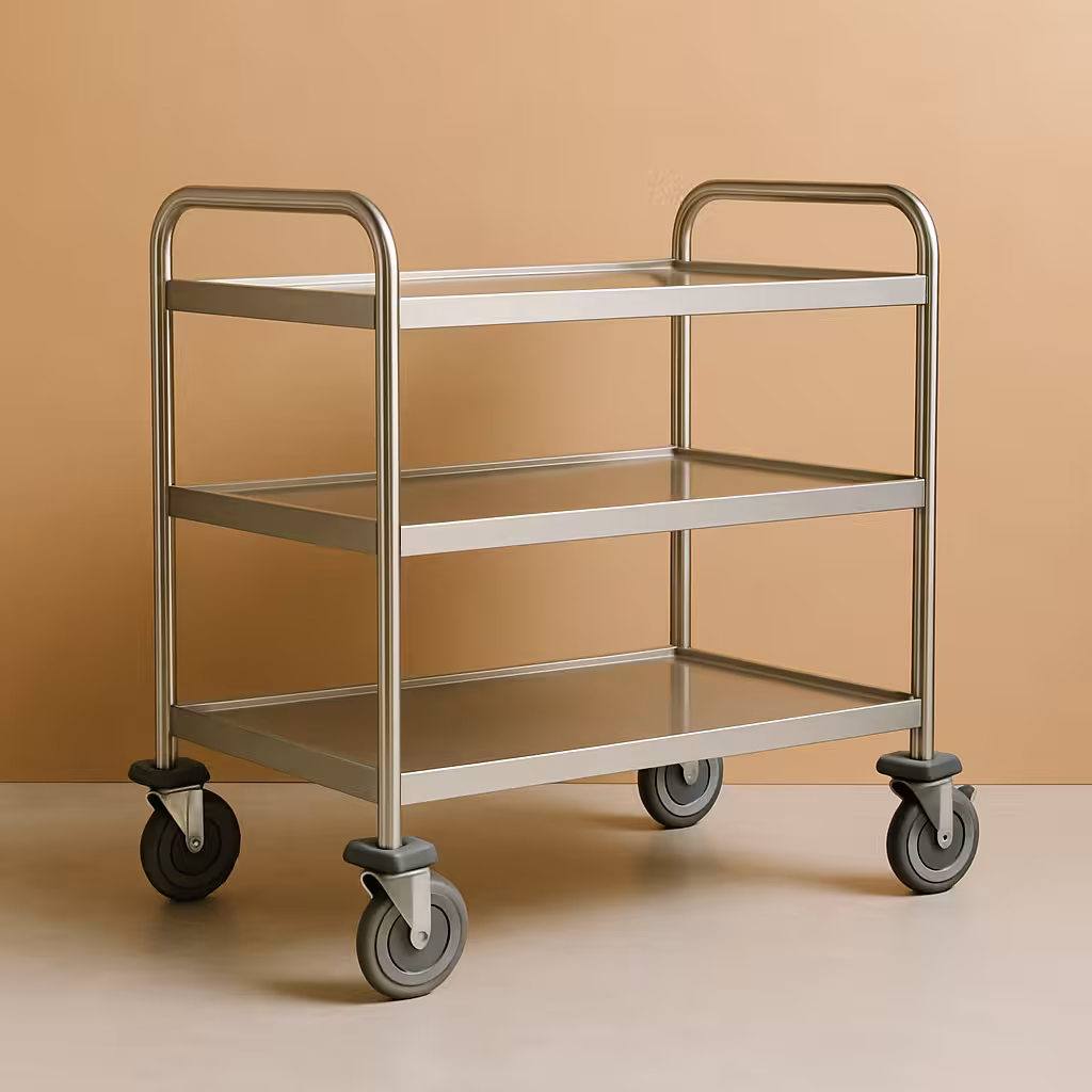 Chariot de transport professionnel en inox sur fond beige