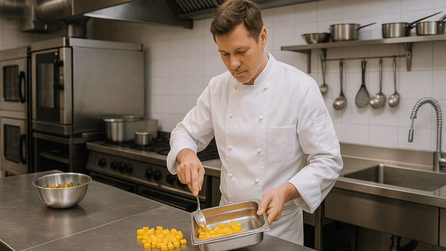 Chef cuisinier préparant des légumes dans une cuisine professionnelle moderne et bien organisée, illustrant le confort de travail et l’ergonomie des postes en restauration.