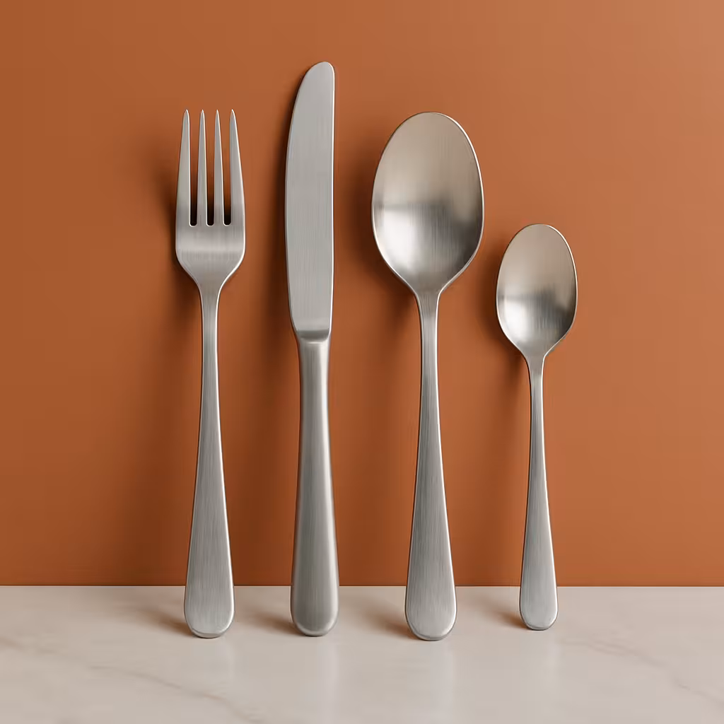 Ensemble de couverts professionnels en inox sur fond terracotta