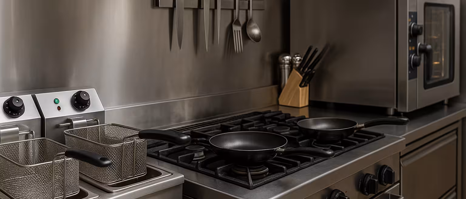 Cuisine professionnelle moderne avec friteuse, plaques de cuisson, four à convection et ustensiles en inox, illustrant un espace de travail propre et fonctionnel pour la restauration.